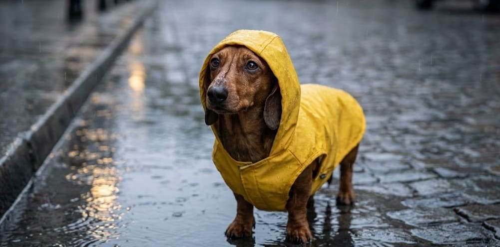 Dachshund Wearing A Raincoat For Potty Training In Rain